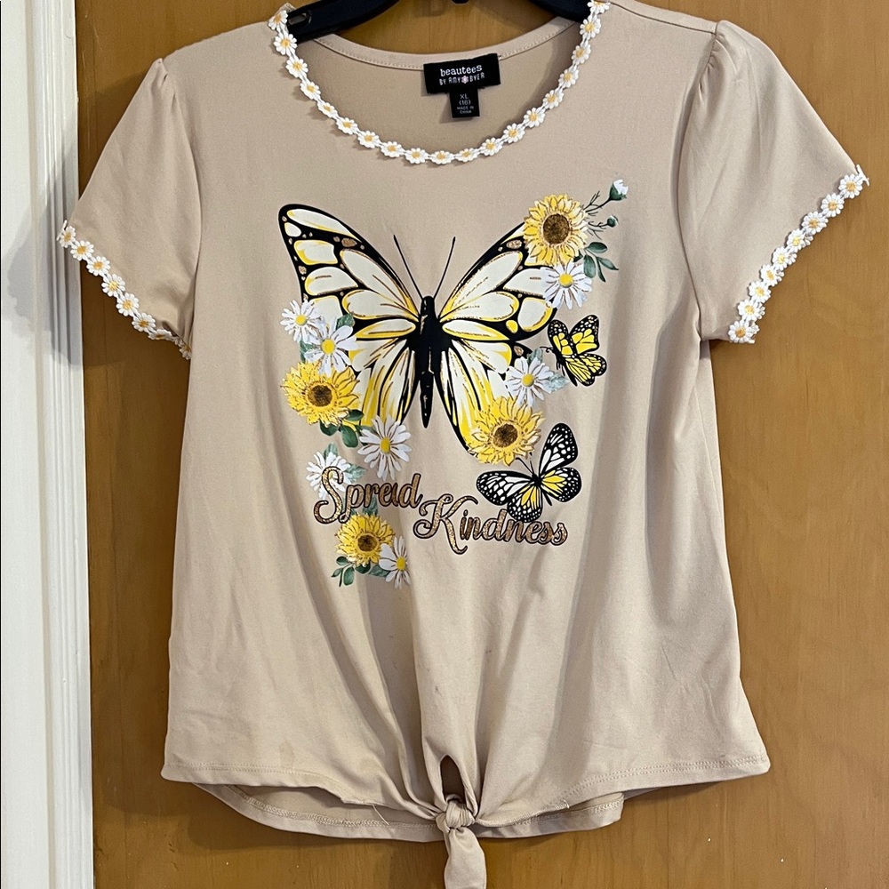 Beautees Beige Butterfly Floral Tee